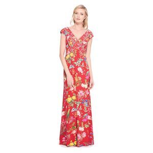 Tadashi Shoji Dress Clara Evening Gown Women's 0 Red Floral Crepe V Neck